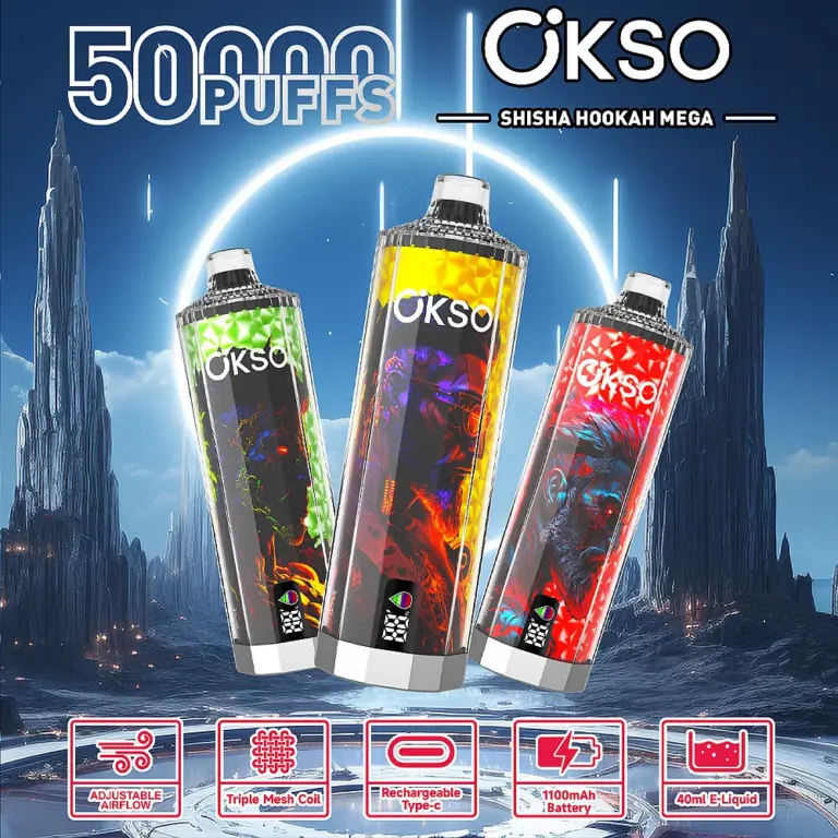 OKSO Shisha Hookah Mega 50000 50K Puffs Latest Original LED Display Disposable Vape Pen